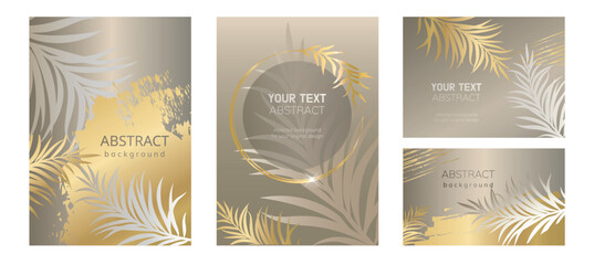 Set of beige and gold vector cards with palm leaves. Abstract design for invitation, brochure, poster, banner, flyer, corporate or business cards.