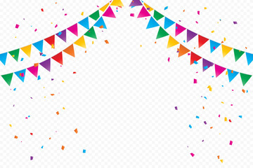 Colorful Party Flags With Confetti Falling On Transparent Background. Celebration Event And Birthday Party. Surprise. Multicolored. Vector