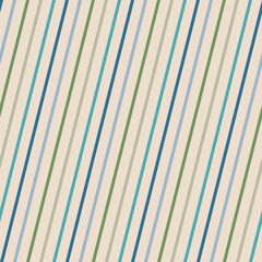 Vector stripe pattern. Simple seamless texture with thin diagonal straight lines, slanted stripes. Retro style abstract geometric striped background design. Blue and green strips on beige backdrop