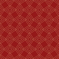 Golden vector geometric background with diamond shapes, linear rhombuses, grid, net, lattice. Abstract modern seamless pattern. Thin lines background. Luxury gold and red ornament. Elegant design