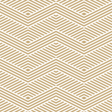 Vector geometric lines pattern. Abstract gold and white striped ornament. Simple minimal texture with quirky stripes, chevron, zig zag shapes. Modern golden linear background. Trendy repeat geo design