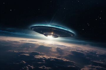 Naklejka na ściany i meble UFO approaching Earth from space, with a sense of mystery and intrigue. Alien encounter concept. Ai generated.