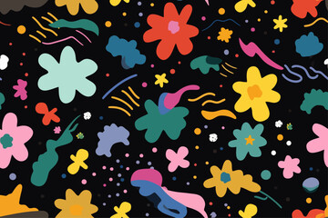 Fototapeta na wymiar Clouds stars and fireballs flower shapes in a colorful cartoon pattern, funky colors trendy retro seamless vector illustration