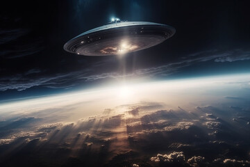 UFO approaching Earth from space, with a sense of mystery and intrigue. Alien encounter concept. Ai generated.