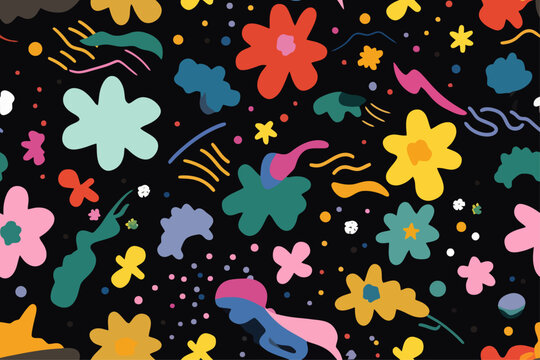 Clouds stars and fireballs flower shapes in a colorful cartoon pattern, funky colors trendy retro seamless vector illustration
