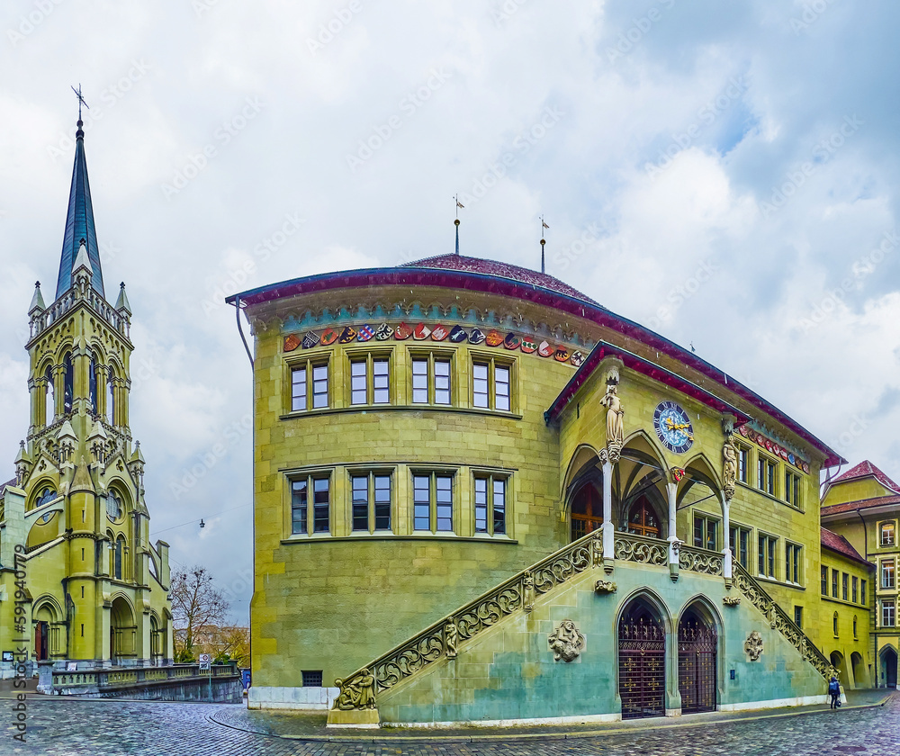 Sticker Panorama of the main landmarks of Rathausplatz, the Town Hall and Church of St. Peter und Paul, Bern, Switzerland