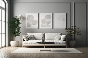 Fototapeta na wymiar A clean and modern illustration featuring a minimalist living room with a contemporary design and minimalist wall art mockup. Ai generated
