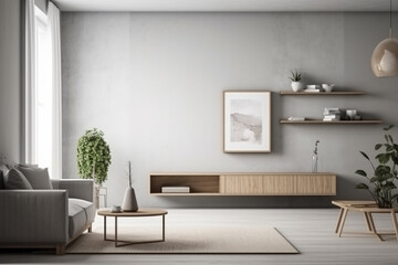 Fototapeta na wymiar A clean and modern illustration featuring a minimalist living room with a contemporary design and minimalist wall art mockup. Ai generated