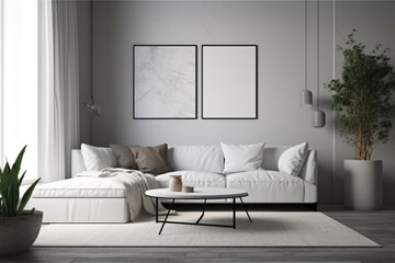 A clean and modern illustration featuring a minimalist living room with a contemporary design and minimalist wall art mockup. Ai generated