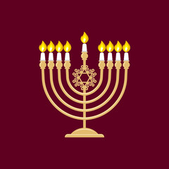Vector illustration of a traditional Jewish Hanukkah menorah. Holiday candlestick with nine burning candles.