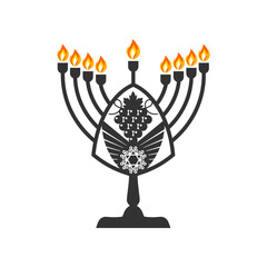 Vector illustration of a traditional Jewish Hanukkah menorah. Holiday candlestick with nine burning candles.