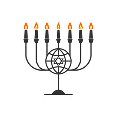 Vector illustration of a traditional Jewish religious menorah. Candlestick with seven burning candles.