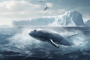 Fototapeta premium Whale jumping out of the arctic waters with glaciers in the background, representing the beauty and power of nature in the Arctic region. Ai generated