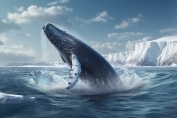 Whale jumping out of the arctic waters with glaciers in the background, representing the beauty and power of nature in the Arctic region. Ai generated