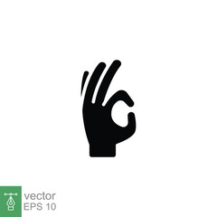 Gesture okay glyph icon. Simple solid style. Perfect, finger up, fine signal, thank you, hand ok. Black silhouette symbol. Vector illustration isolated on white background. EPS 10.