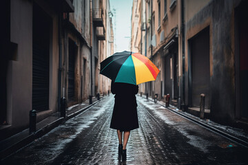 Woman holding a vibrant colorful umbrella on an empty street during a rain. Perfect for use in fashion blogs, lifestyle magazines, or any project related to urban living and style. Ai generated