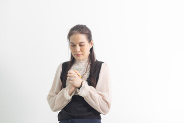 Asian woman hands praying isolate. Church services concept.