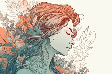 Beautiful woman with her hair turning into a stunning floral arrangement, with delicate pastel colors and intricate floral elements. Mother Nature conceot. Ai generated