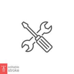 Screwdriver and wrench flat icon. Simple outline style. Maintain, repair, maintenance concept. Thin line symbol. Vector illustration isolated on white background. Editable stroke EPS 10.
