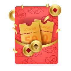 3D coupon pocket, vector Chinese lucky red envelope, sale promotion design golden money coin. Traditional asian fortune voucher oriental e-commerce shopping promo discount card. Chinese holiday coupon