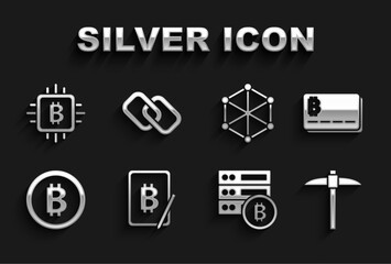 Set Mining bitcoin from tablet, Credit card with, Pickaxe, Server, Bitcoin, Blockchain technology, CPU mining farm and Chain link icon. Vector