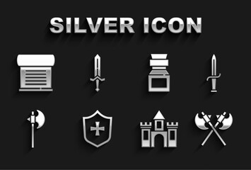 Set Shield, Dagger, Crossed medieval axes, Castle, fortress, Medieval, Poison in bottle, Decree, parchment, scroll and sword icon. Vector