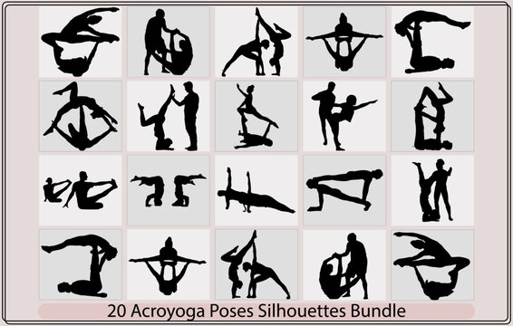 silhouettes of man and woman in various acroyoga positions,Gymnasts and athletes,illustration of men and women in an acroyoga session,