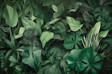 Green eco background, tropical leaves flat illustration. Generative AI