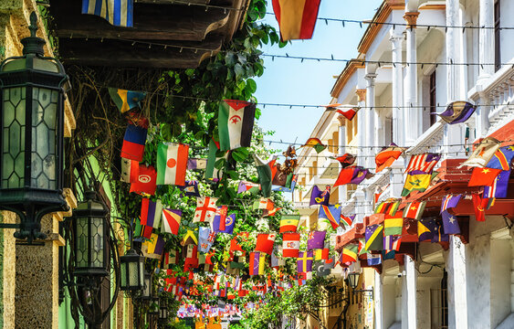 Colombia, Scenic colorful streets of Cartagena in historic Getsemani district