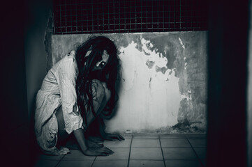 Portrait of asian woman make up ghost,Scary horror scene for background,Halloween festival...