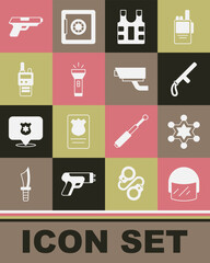 Set Police helmet, Hexagram sheriff, rubber baton, Bulletproof vest, Flashlight, Walkie talkie, Pistol or gun and Security camera icon. Vector