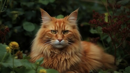 Naklejka na ściany i meble red tabby cat in the garden, AI genereted 