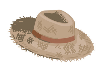 Wicker straw hat cartoon clipart. Summer head accessory doodle isolated on white. Vector illustration in modern style.