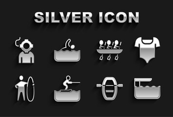 Set Water skiing man, Swimsuit, Diving board or springboard, Boat with oars, Surfboard, Canoe rowing team sports, Aqualung and Swimmer icon. Vector