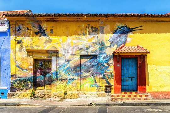 Colourful mural decorating the wall of a house in the Getsemini area of the historic city of Cartagena in Colombia