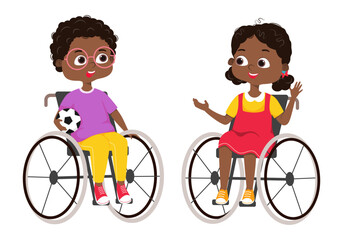 Kids in wheelchairs, friends playing ball. African american boy and girl.The concept of inclusive education at school, for catalogs, informational and institutional material. Vector
