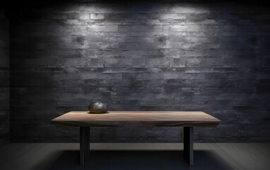 Dark Elegance: A Sophisticated Product Display with an Empty Table and Moody Backdrop