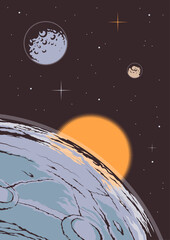 Obraz na płótnie Canvas Retro Style Space Landscape Poster. Solar System Astronomy Science Illustration