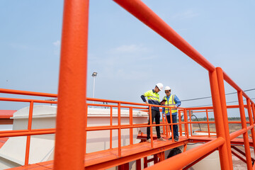 Two heavy industrial engineers standing on a water filter tank Use a digital tablet computer to...