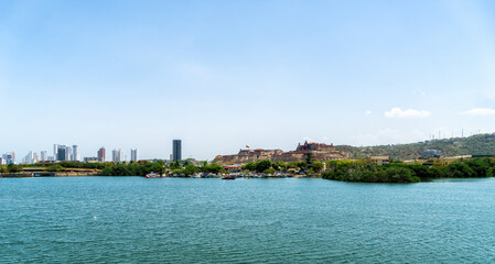 Fototapeta premium San Felipe de Barajas Castle In Cartagena, Colombia. San Felipe Fort with a Colombian Flag