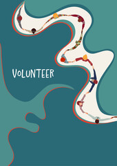 Poster copy space. Volunteer people concept. Multicultural people holding hands. People diversity. Hands in a circle. NGO Aid. Solidarity. Recruitment volunteer. Non profit.Volunteerism