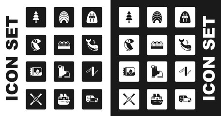 Set Walrus animal, Norwegian wooden house, Albatross, Tree, Whale, Fish steak, Swiss army knife and Ticket in Iceland icon. Vector