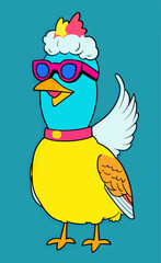 Funny cartoon cool chicken with sunglasses vector illustrations 