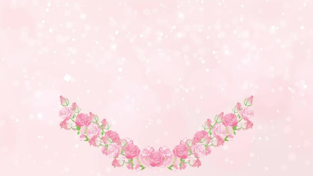 花 フレーム ハート(Large) 　 紙吹雪 　ライトピンクのカーネーション、バラ、ガーベラ　背景ライトピンク 