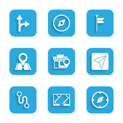 Set Location with store, Gps device map, Compass, Infographic of city navigation, Route location, marker and Road traffic sign icon. Vector