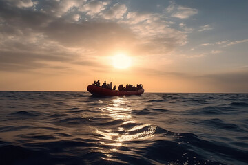 A dramatic scene unfolds as migrants traverse the Mediterranean Sea on a boat, depicting the perilous journey and the human struggle for survival amidst the vast expanse of water - obrazy, fototapety, plakaty