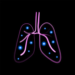 Vector isolated illustration of human lungs with neon effect. Pulmonary failure. Pneumonia. Bronchial asthma.