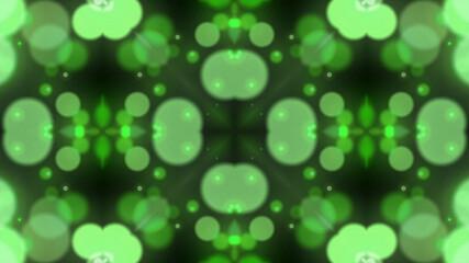 Green kaleidoscope bokeh shiny particle rain motion light luminance illustration night background, artistic space bokeh speed matrix magic effect background.