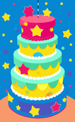 Cartoon birthday cake card celebration vector illustration