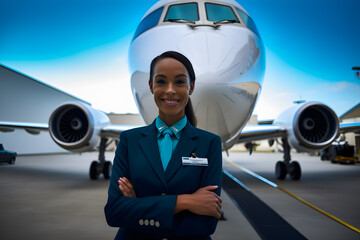 Portrait of a confident black woman female smile pilot against the backdrop of a private jet in the hangar. Generative AI - obrazy, fototapety, plakaty